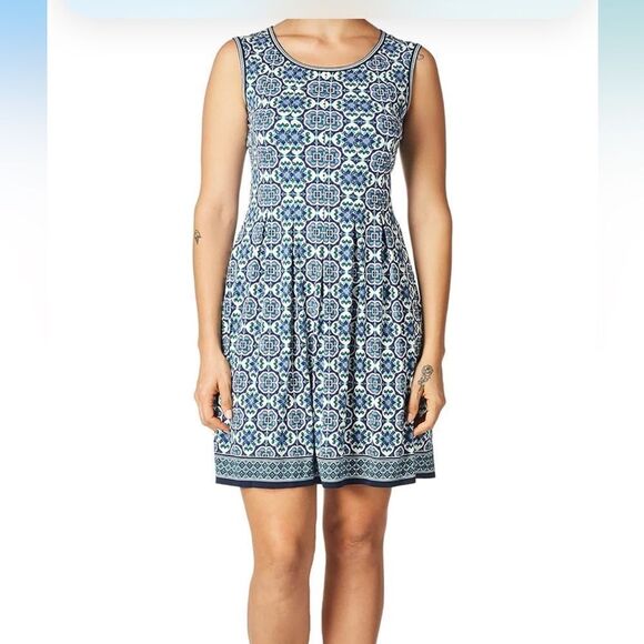 Max Studio Women's Printed Sleeveless Fit and Flare Dress Size L Blue Navy - Picture 1 of 10